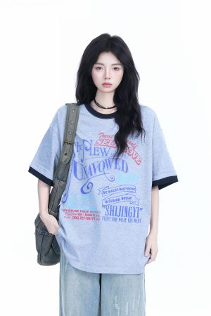 American Retro Color-Block Round Neck Short Sleeve T-Shirt for Women - Loose Fit Summer Style, Casual Couple Top