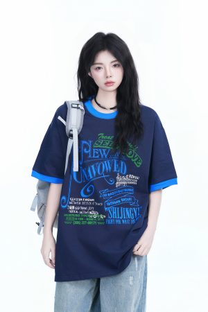 American Retro Color-Block Round Neck Short Sleeve T-Shirt for Women - Loose Fit Summer Style, Casual Couple Top