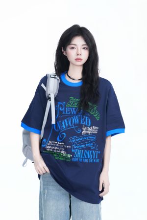 American Retro Color-Block Round Neck Short Sleeve T-Shirt for Women - Loose Fit Summer Style, Casual Couple Top