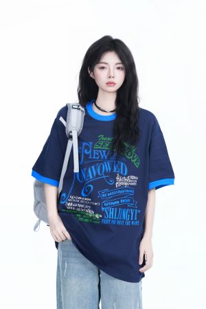 American Retro Color-Block Round Neck Short Sleeve T-Shirt for Women - Loose Fit Summer Style, Casual Couple Top