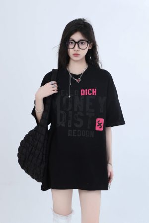 American Retro Color-Blocked Letter Short Sleeve T-Shirt for Women - Unique Loose Trendy Style, Casual Vintage 90s Fashion