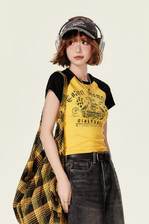 American Retro Color-Blocked Short-Sleeve T-Shirt for Women, Summer Spicy Girl Cropped Fitted Top, 90s Y2K Style