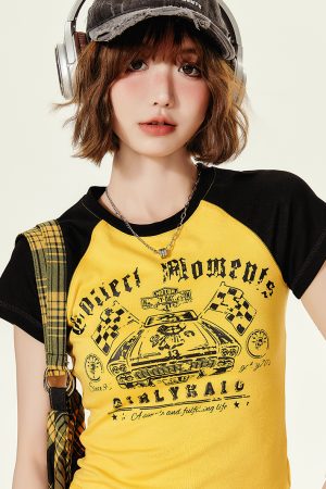 American Retro Color-Blocked Short-Sleeve T-Shirt for Women, Summer Spicy Girl Cropped Fitted Top, 90s Y2K Style