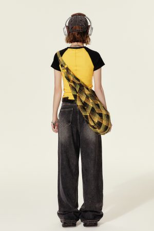 American Retro Color-Blocked Short-Sleeve T-Shirt for Women, Summer Spicy Girl Cropped Fitted Top, 90s Y2K Style