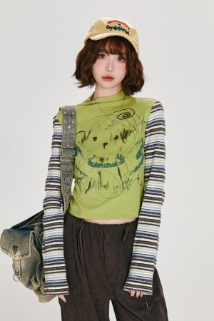 American Retro Color-Blocked Striped Long Sleeve T-Shirt for Women - Fitted High-Neck Autumn Style Top