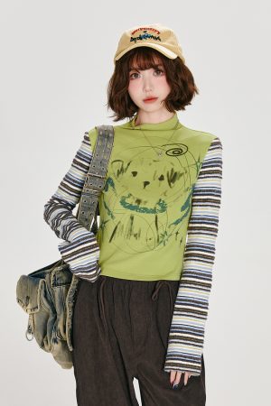 American Retro Color-Blocked Striped Long Sleeve T-Shirt for Women - Fitted High-Neck Autumn Style Top