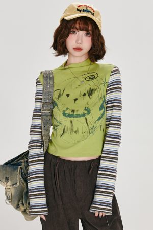 American Retro Color-Blocked Striped Long Sleeve T-Shirt for Women - Fitted High-Neck Autumn Style Top