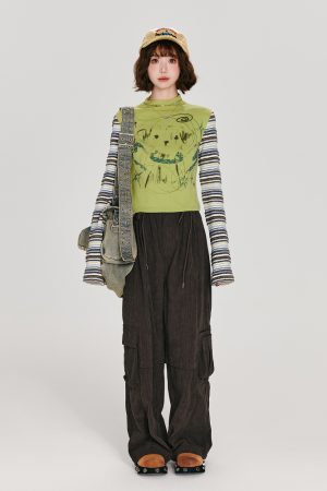 American Retro Color-Blocked Striped Long Sleeve T-Shirt for Women - Fitted High-Neck Autumn Style Top