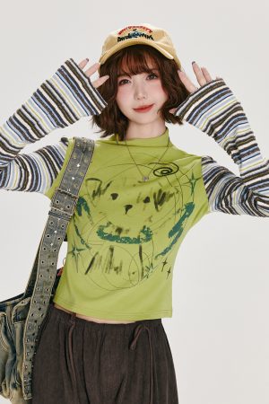 American Retro Color-Blocked Striped Long Sleeve T-Shirt for Women - Fitted High-Neck Autumn Style Top