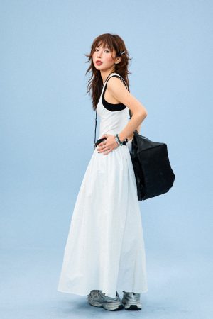 American Retro Color-Blocking A-Line Dress for Women, Summer Slim Fit Long Dress, Vintage 90s Style Fashion