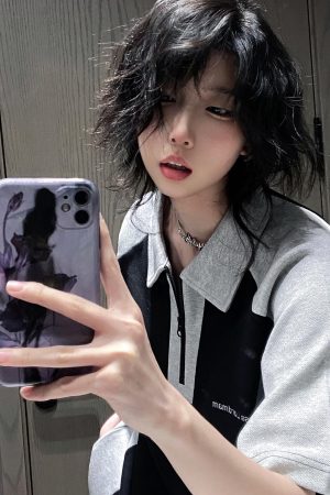 American Retro Color-Blocking Heavyweight Polo T-Shirt for Women - Short Sleeve Summer College Style Top