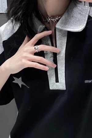 American Retro Color-Blocking Heavyweight Polo T-Shirt for Women - Short Sleeve Summer College Style Top