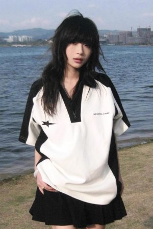 American Retro Color-Blocking Heavyweight Polo T-Shirt for Women - Short Sleeve Summer College Style Top