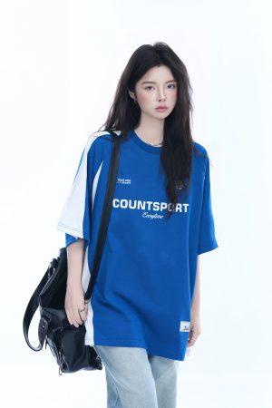 American Retro Color-Blocking Oversized Short-Sleeve T-Shirt for Women - Casual Sports Style, Y2K Inspired, Comfortable Fit