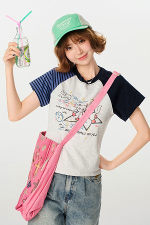 American Retro Color-Blocking Printed Raglan Short Sleeve T-Shirt for Women - Slim Fit Casual Summer Top