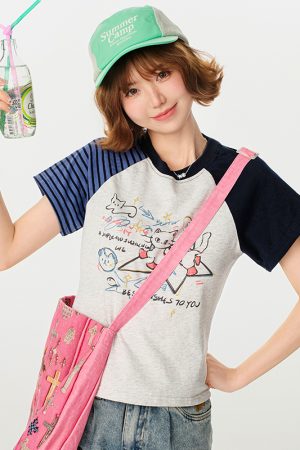 American Retro Color-Blocking Printed Raglan Short Sleeve T-Shirt for Women - Slim Fit Casual Summer Top