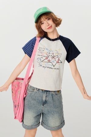 American Retro Color-Blocking Printed Raglan Short Sleeve T-Shirt for Women - Slim Fit Casual Summer Top