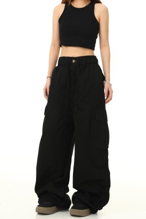 American Retro Cuffed Hip-Hop Cargo Pants for Men - Wide-Leg Floor-Length Streetwear Parachute Style Casual Trousers