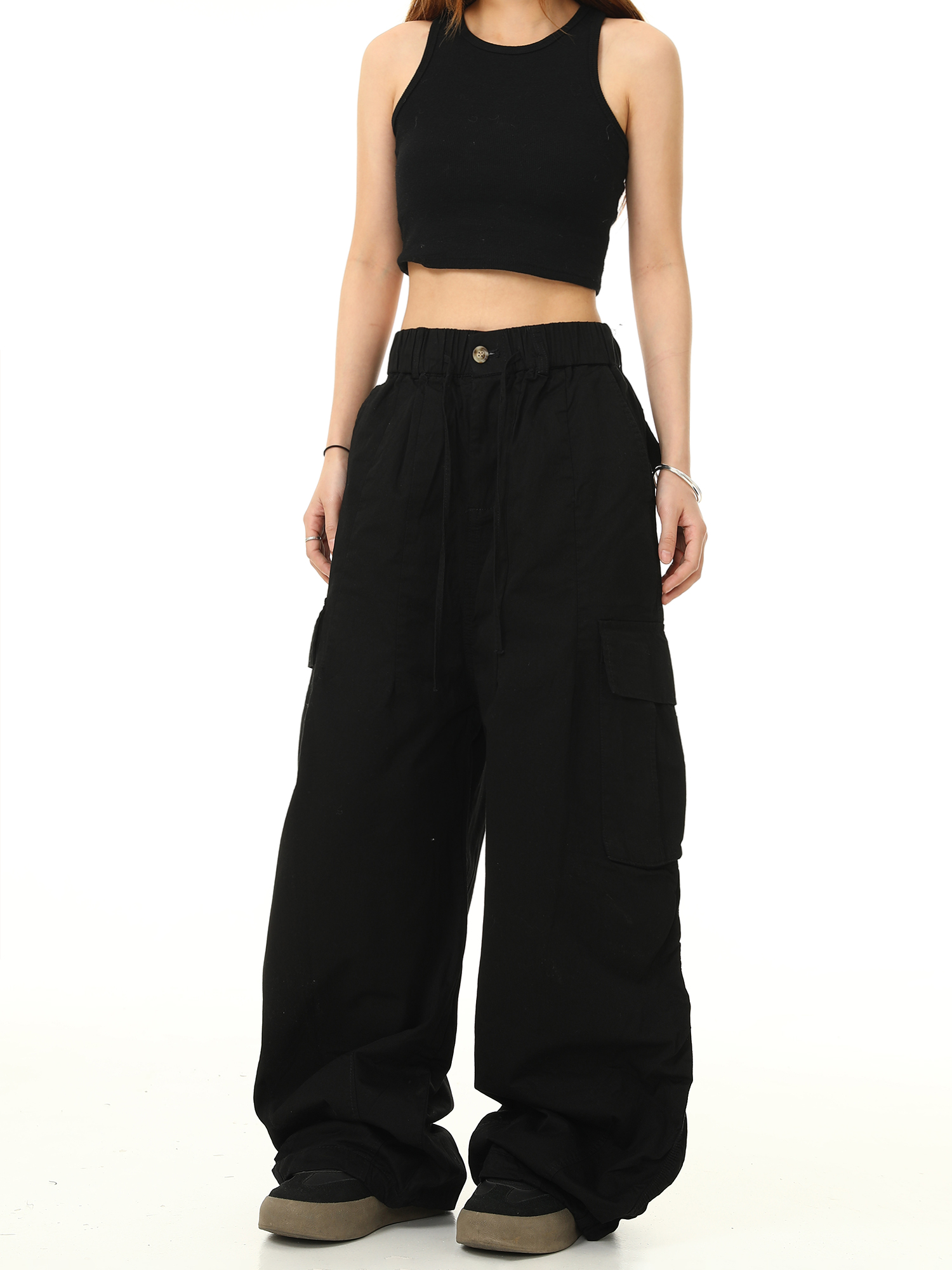 American Retro Cuffed Hip-Hop Cargo Pants for Men - Wide-Leg Floor-Length Streetwear Parachute Style Casual Trousers American Retro Cuffed Hip-Hop Cargo Pants for Men - Wide-Leg Floor-Length Streetwear Parachute Style Casual Trousers