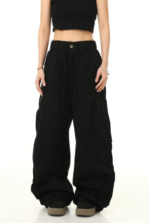 American Retro Cuffed Hip-Hop Cargo Pants for Men - Wide-Leg Floor-Length Streetwear Parachute Style Casual Trousers