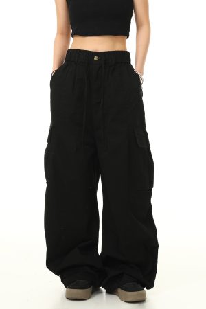 American Retro Cuffed Hip-Hop Cargo Pants for Men - Wide-Leg Floor-Length Streetwear Parachute Style Casual Trousers