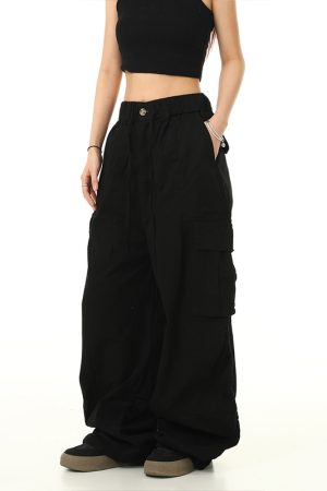 American Retro Cuffed Hip-Hop Cargo Pants for Men - Wide-Leg Floor-Length Streetwear Parachute Style Casual Trousers