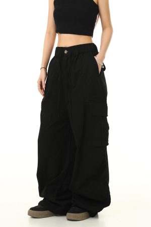 American Retro Cuffed Hip-Hop Cargo Pants for Men - Wide-Leg Floor-Length Streetwear Parachute Style Casual Trousers