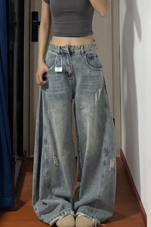 American Retro Curved Blade Wide-Leg Jeans for Men & Women, Loose Deconstructed Design, Washed Distressed Floor-Length Pants