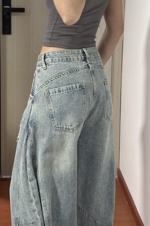 American Retro Curved Blade Wide-Leg Jeans for Men & Women, Loose Deconstructed Design, Washed Distressed Floor-Length Pants