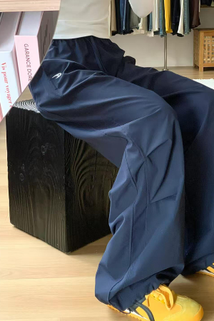 American Retro Dark Blue Wide-Leg Cargo Pants for Women - Casual Straight-Leg Sports Trousers with Drawstring, Floor-Length for Spring Autumn