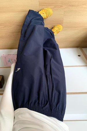 American Retro Dark Blue Wide-Leg Cargo Pants for Women - Casual Straight-Leg Sports Trousers with Drawstring, Floor-Length for Spring Autumn