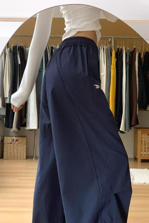 American Retro Dark Blue Wide-Leg Cargo Pants for Women - Casual Straight-Leg Sports Trousers with Drawstring, Floor-Length for Spring Autumn