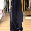 American Retro Dark Blue Wide-Leg Cargo Pants for Women - Casual Straight-Leg Sports Trousers with Drawstring, Floor-Length for Spring Autumn