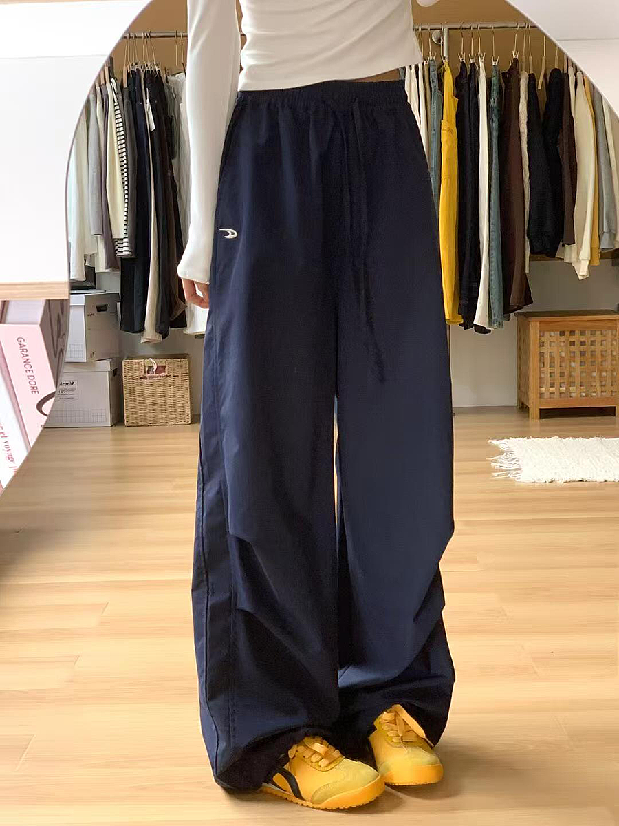 American Retro Dark Blue Wide-Leg Cargo Pants for Women - Casual Straight-Leg Sports Trousers with Drawstring, Floor-Length for Spring Autumn American Retro Dark Blue Wide-Leg Cargo Pants for Women - Casual Straight-Leg Sports Trousers with Drawstring, Floor-Length for Spring Autumn