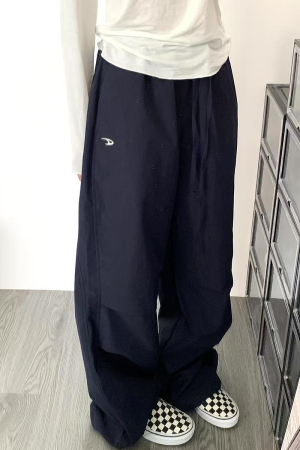 American Retro Dark Blue Wide-Leg Cargo Pants for Women - Casual Straight-Leg Sports Trousers with Drawstring, Floor-Length for Spring Autumn