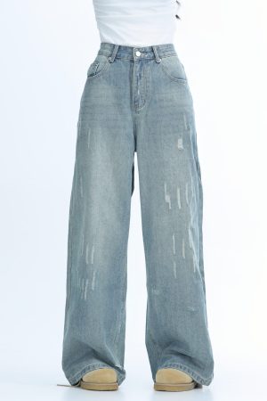 American Retro Distressed Ripped Denim Pants for Women - Washed Loose Slim Wide-Leg Trousers, Trendy Y2K Hot Girl Style