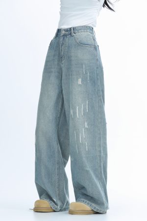 American Retro Distressed Ripped Denim Pants for Women - Washed Loose Slim Wide-Leg Trousers, Trendy Y2K Hot Girl Style
