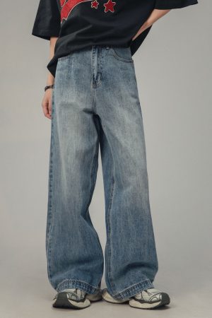 American Retro Drop-Crotch Jeans for Men and Women, Clean Fit Long Straight Casual Pants, Y2K Style, Unisex Fashion