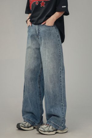 American Retro Drop-Crotch Jeans for Men and Women, Clean Fit Long Straight Casual Pants, Y2K Style, Unisex Fashion