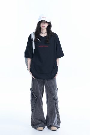 American Retro Embroidered Black Short-Sleeve T-Shirt for Women - Oversized Loose Fit, Trendy Summer Style