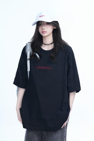 American Retro Embroidered Black Short-Sleeve T-Shirt for Women - Oversized Loose Fit, Trendy Summer Style