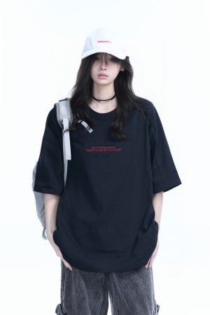 American Retro Embroidered Black Short-Sleeve T-Shirt for Women - Oversized Loose Fit, Trendy Summer Style