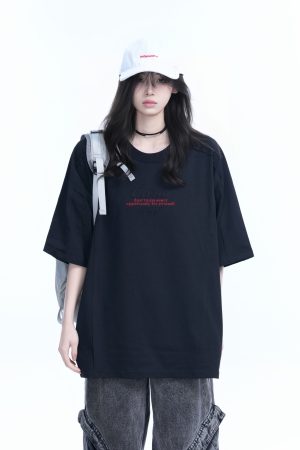 American Retro Embroidered Black Short-Sleeve T-Shirt for Women - Oversized Loose Fit, Trendy Summer Style