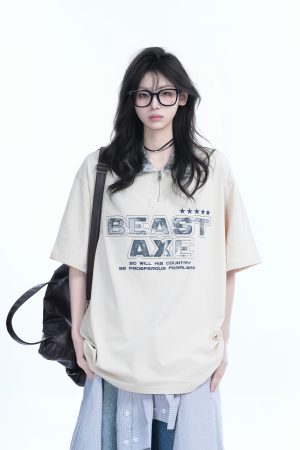 American Retro Embroidered Half-Zip Collar Oversized Short-Sleeve T-Shirt for Women - Casual Y2K Style Top