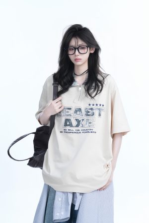 American Retro Embroidered Half-Zip Collar Oversized Short-Sleeve T-Shirt for Women - Casual Y2K Style Top