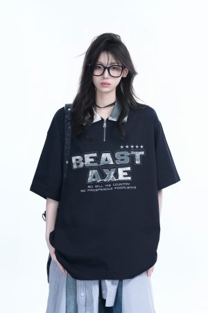 American Retro Embroidered Half-Zip Collar Oversized Short-Sleeve T-Shirt for Women - Casual Y2K Style Top