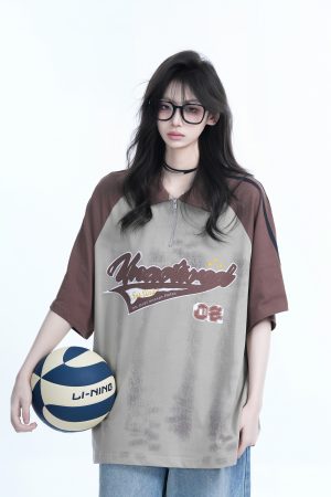 American Retro Embroidered Half-Zip Collar Short Sleeve T-Shirt for Women, Loose Fit, Trendy Vintage Style