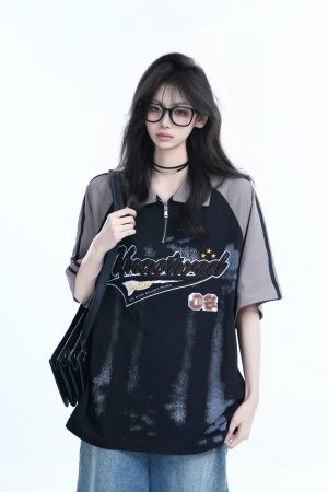 American Retro Embroidered Half-Zip Collar Short Sleeve T-Shirt for Women, Loose Fit, Trendy Vintage Style