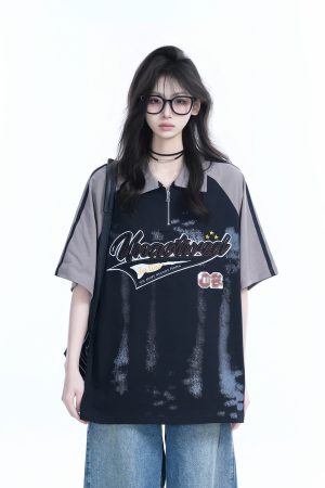 American Retro Embroidered Half-Zip Collar Short Sleeve T-Shirt for Women, Loose Fit, Trendy Vintage Style