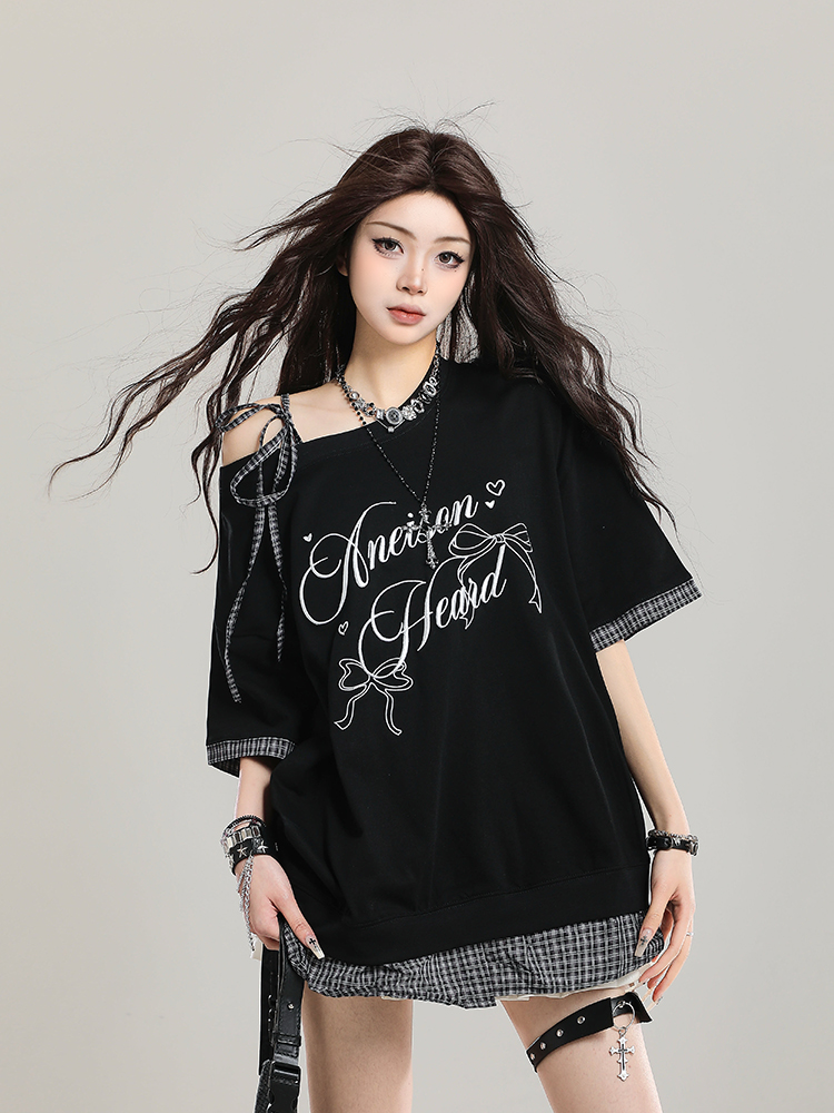 American Retro Embroidered Off-Shoulder Short Sleeve T-Shirt for Women, Summer 2025 Loose Faux Two-Piece Shoulder-Baring Top American Retro Embroidered Off-Shoulder Short Sleeve T-Shirt for Women, Summer 2025 Loose Faux Two-Piece Shoulder-Baring Top